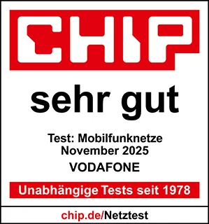Im Mobilfunknetz-Test der Zeitschrift CHIP (Ausgabe 01/2026) erhält Vodafone die Gesamtnote „sehr gut